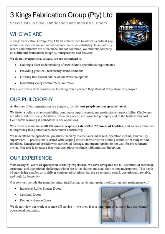 Cover page of the 3 Kings Fabrication Group company profile